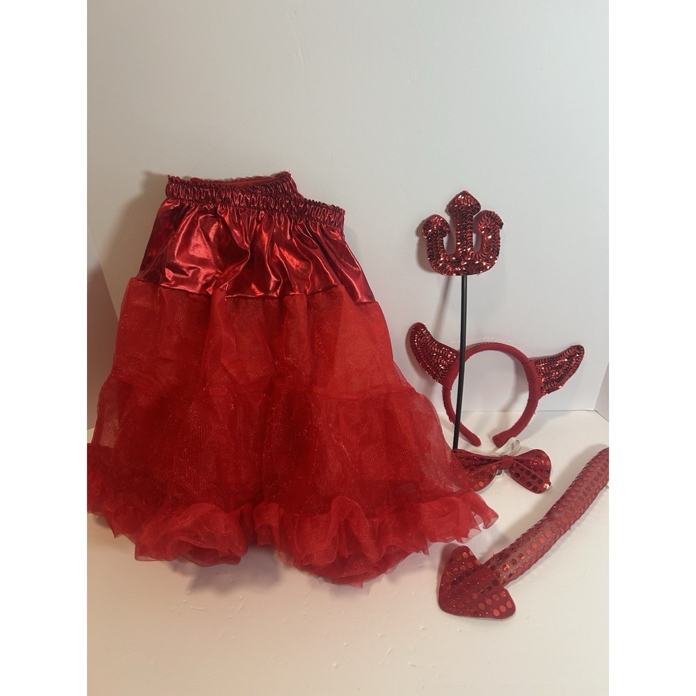 Women's Devil Costume Set S/M Tutu,  Horns, Bow Tie,Tail & Mini Pitchfork 5 Pc‎